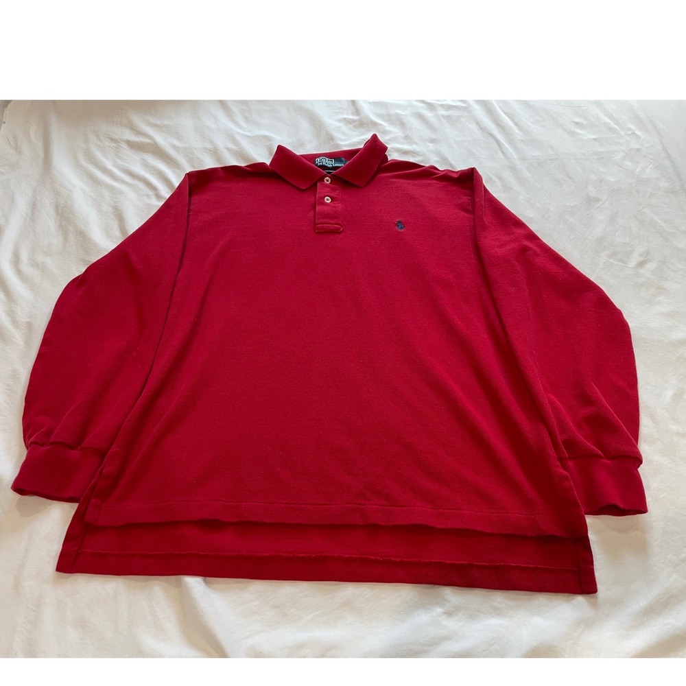 Polo Ralph Lauren Mens Red Long Sleeve Cotton Pique Polo Shirt Blue Pony Large